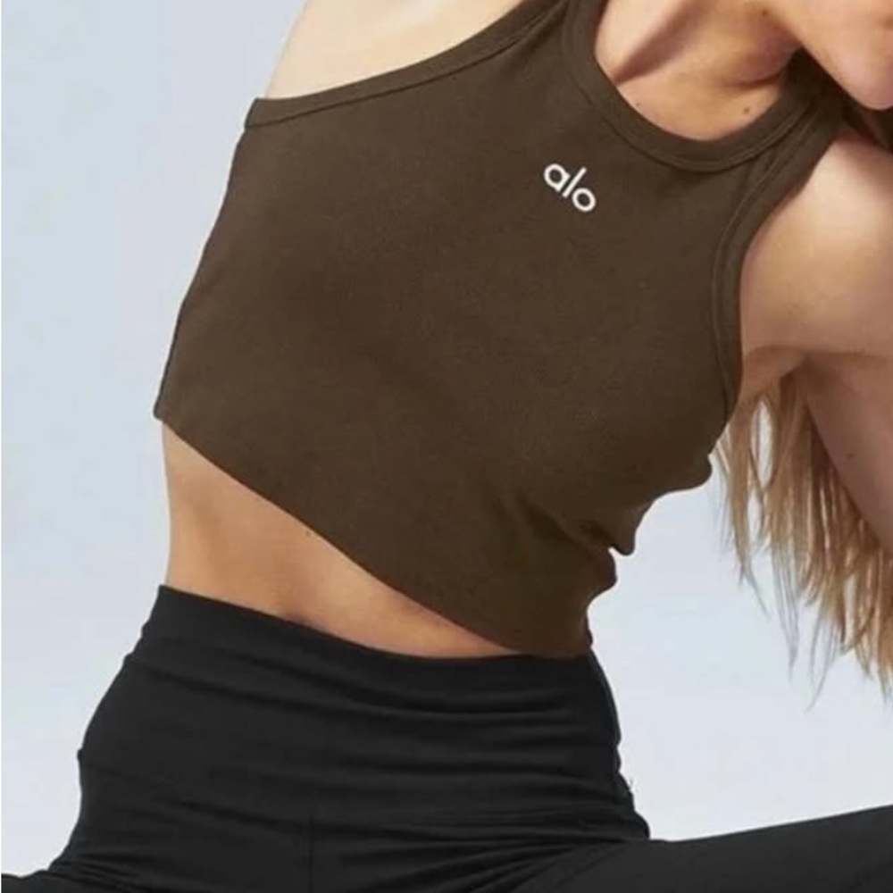 ALO Yoga Aspire Espresso Brown Ribbed High Neck Crop Tank Top